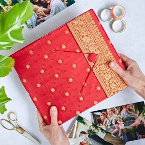 “Custom-sewn fabric cover for wedding photo album”
